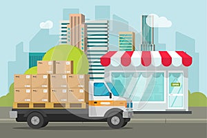 Delivery truck loaded with parcel boxes near store vector illustration, concept of shipping packages from shop building