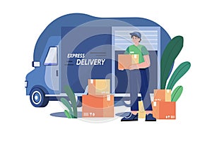 Delivery truck with man is carrying parcels on points