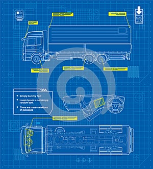 Delivery truck in outline style schematic blueprints Vehicle side top dashboard view Industrial image on a blue background Vector