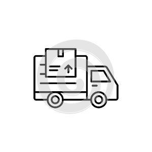 Delivery truck with package icon. shipment item transportation illustration. simple outline vector symbol design.