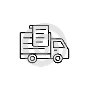 Delivery truck paper list icon. shipment report document illustration. simple outline vector symbol design.