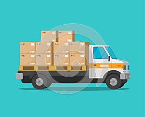 Delivery truck with parcel cargo boxes vector illustration, flat cartoon freight van or lorry automobile with packages