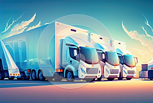 Delivery truck parking lot in warehouse at outdoor background. Transportation and business industry concept. Generative AI