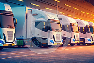Delivery truck parking lot in warehouse at outdoor background. Transportation and business industry concept. Generative AI