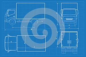 Delivery truck schematic or VAN car blueprint. Vector illustration. Truck car in outline. Business vehicle template