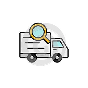 Delivery truck search icon. shipment finder, shipment information tracking illustration. simple outline vector symbol design.