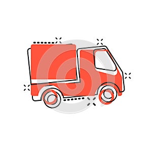 Delivery truck sign icon in comic style. Van vector cartoon illustration on white isolated background. Cargo car business concept
