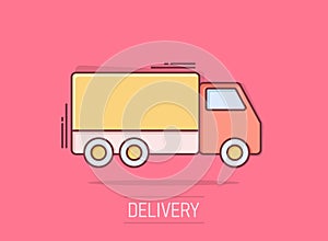 Delivery truck sign icon in comic style. Van vector cartoon illustration on white isolated background. Cargo car business concept