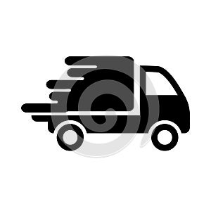 Delivery truck symbol. Vector concept of fast shipping service.Silhouette icon of transport van or package courier. Illustration