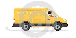 Delivery truck van with courier cartoon isolated on white background.