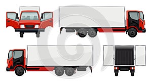 Delivery trucks. Cars opening doors realistic vehicles in various views front and back decent vector trucks collection