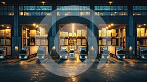 trucks at a warehouse loading dock at night