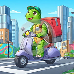 A delivery turtle rides a scooter around town