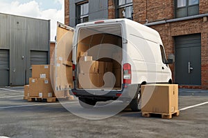 Delivery van with cardboard boxes on gray background