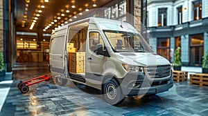 Delivery van with cardboard boxes on gray background