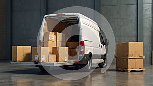 Delivery van with cardboard boxes on gray background