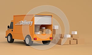 Delivery van and cardboard boxes. Product goods shipping transport. Fast service truck