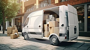 Delivery Van with Cardboard Boxes on Urban Street