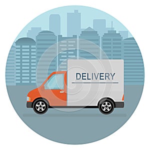 Delivery van on city background. Product goods shipping transport.