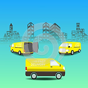 Delivery van on city background. Product goods shipping transport. Fast service truck