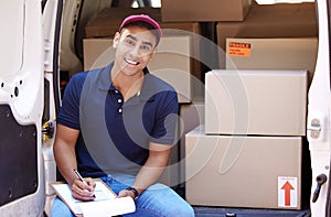 Delivery van, clipboard and portrait of man with boxes for shipping, logistics and supply chain checklist. Ecommerce