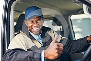 Delivery van, courier and portrait of man with thumbs up for distribution, shipping logistics and transport. Ecommerce