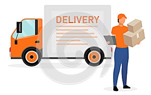 Delivery van driver with parcels flat character. Courier, postman, deliveryman holding cardboard boxes and order receipt isolated