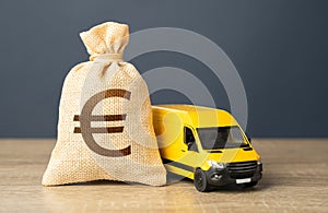 Delivery van and euro money bag. Invest in electric and autonomous vehicles.