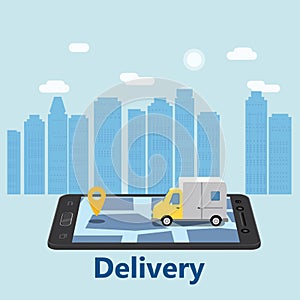Delivery Van Express concept. Checking delivery service app on mobile phone online tracking. Fast Delivery truck on