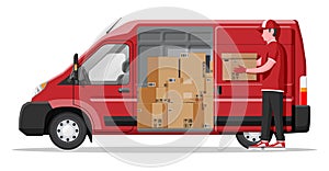 Delivery van full of cardboard boxes isolated