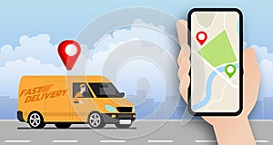 Delivery van going to deliver parcel, food, product to customer by app on blank screen smartphone tracking on a moped with a ready