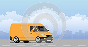 Delivery van going to deliver parcel, food, product to customer with a ready meal, technology and logistics concept with city in t