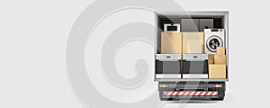 Delivery van and home kitchen appliances with cardboard boxes, copy space