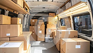 Delivery Van Interior Packed Full of Cardboard Boxes