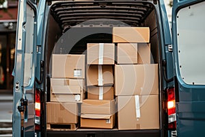 Delivery Van Loaded with Stacked Cardboard Boxes for Transport.