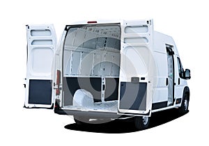 Delivery van with open rear and side doors.