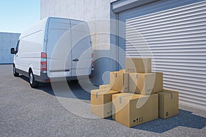 Delivery van with a paper box near warehouse, 3d rendering