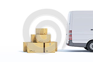 Delivery van with a paper boxes on white background