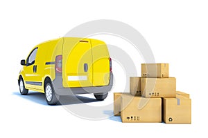 Delivery van with a paper boxes on white background