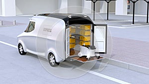 Delivery van releasing a self-driving delivery robot