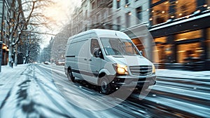 Delivery Van Speeding Through Snowy City Street