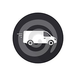 Delivery Van truck icon, minibus isolated on black round background with long shadow. Vector flat illustration