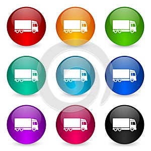 Delivery vector icons, set of colorful glossy 3d rendering ball buttons in 9 color options