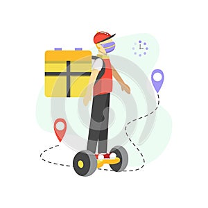 Delivery vector illustration with flat cartoon style. Boy with a mask riding a gyro scooter with a big box.