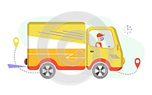 Delivery vector illustration with flat cartoon style. Courier with a mask driving by truck.