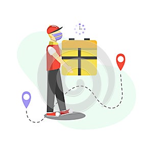 Delivery vector illustration with flat cartoon style. Foot courier with a mask and a big box.