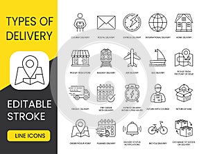 Delivery vector line icons set with editable strokes International and Postal, Home and Express, Courier and Sea