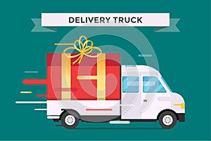 Delivery vector transport truck, van with gift box