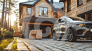 Delivery Vehicle Unloading Boxes at a Suburban Home