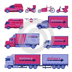 Delivery Vehicles Collection, Cargo Shipping Transportation, Scooter, Bike, Van, Drone, Truck Flat Vector Illustration
